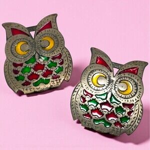 Vintage Cast Iron Owl Trivets Set of 2 MCM Stained Glass Taiwan 7in Red Green